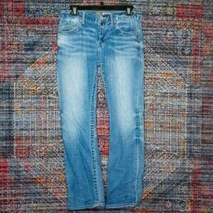 LA Idol womens dark distressed blingy stretch flap skinny jeans 30x31 EUC